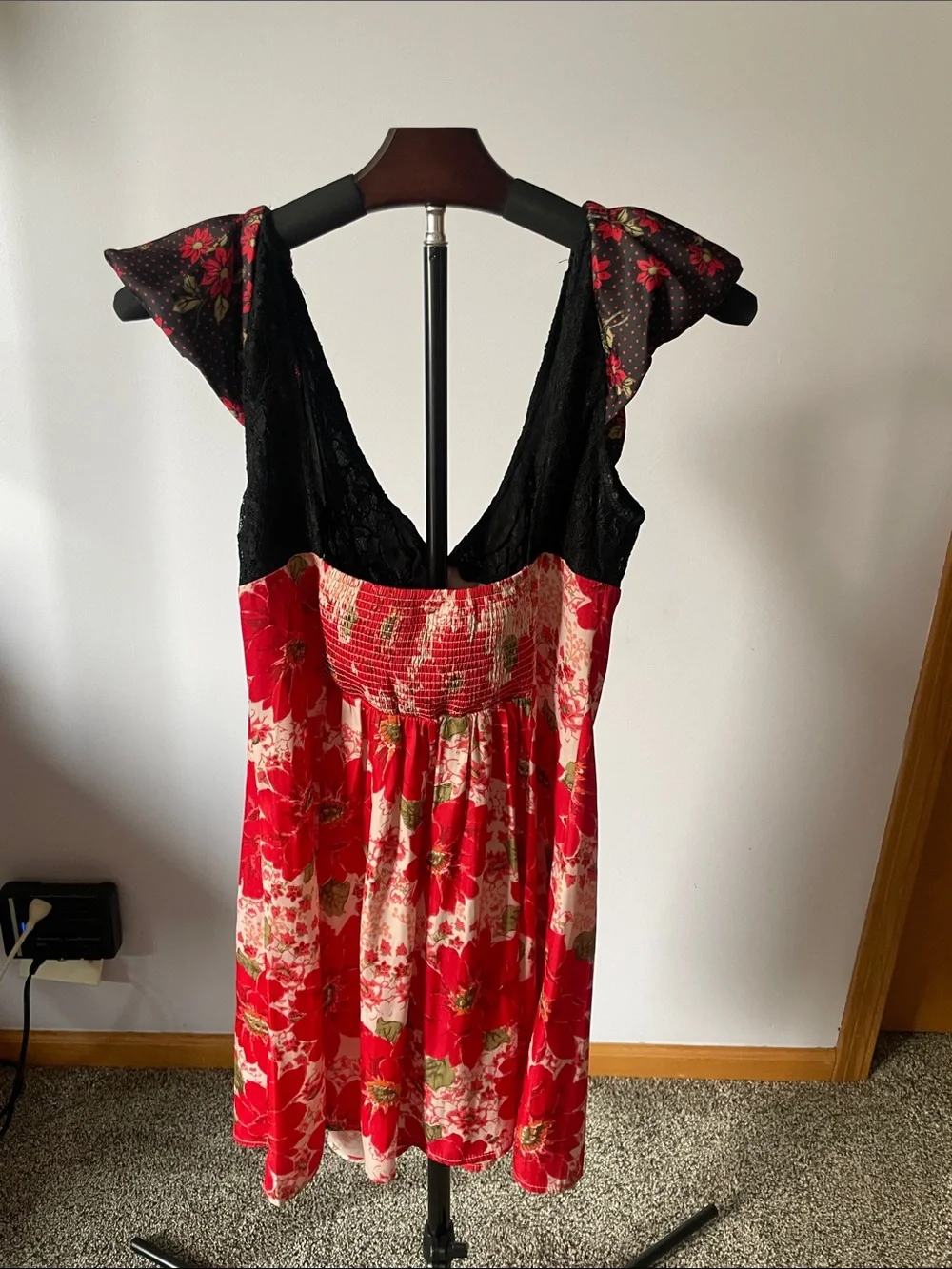Free People Black & Red Floral Tie-Back Slip Dress